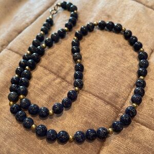 Vintage Sodalite and Gold Beaded Single Strand Necklace 24”
